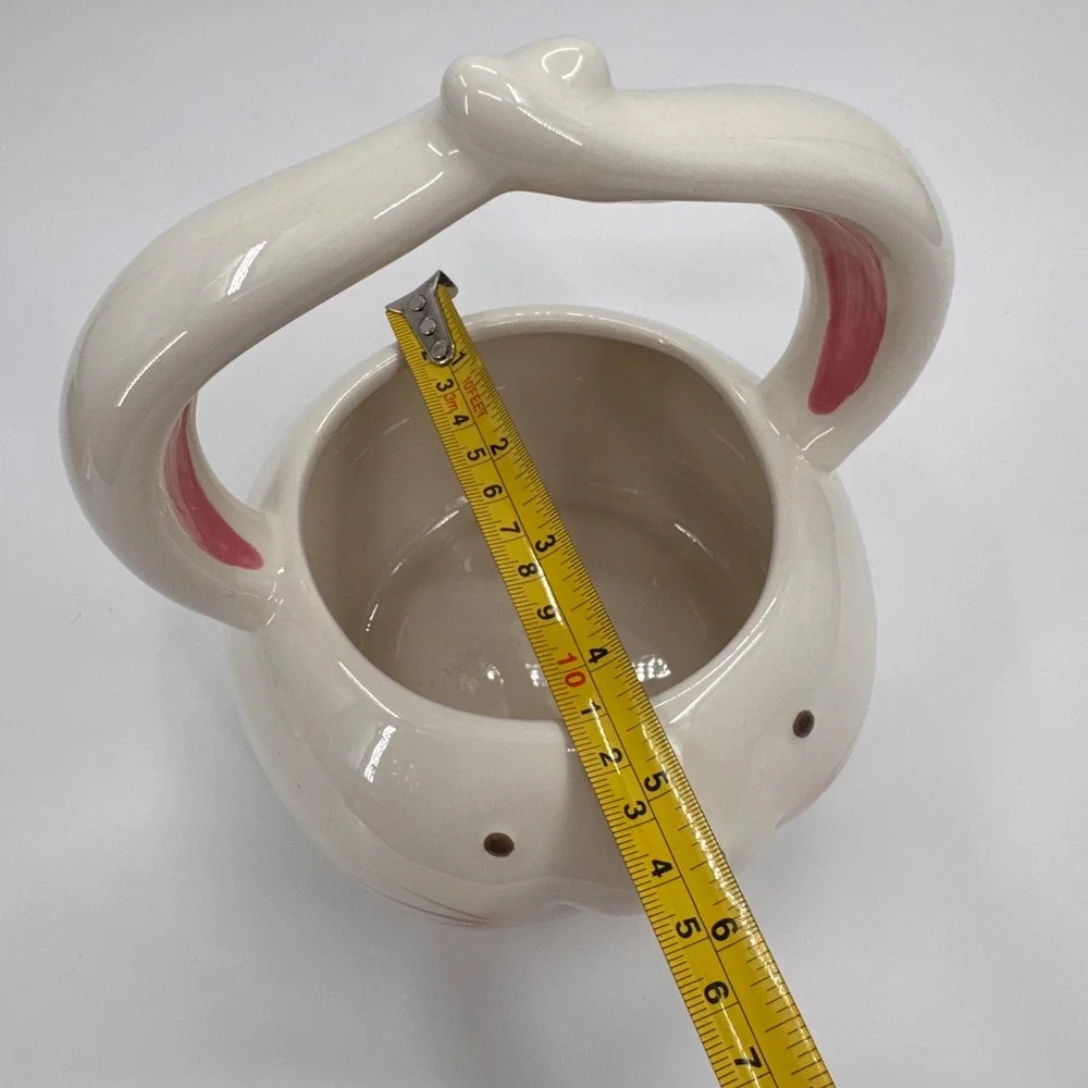 Blooming Blooms Ceramic Easter Bunny Basket Figural Rabbit Candy Dish White Pink